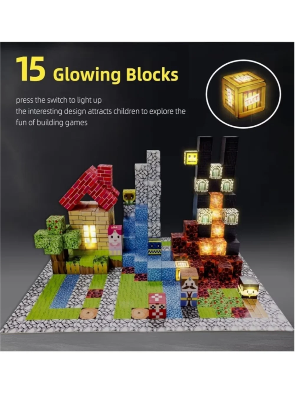 200 PCS Magnetic Building Blocks Set with 15 LED Light-Up Blocks, Replaceable.
